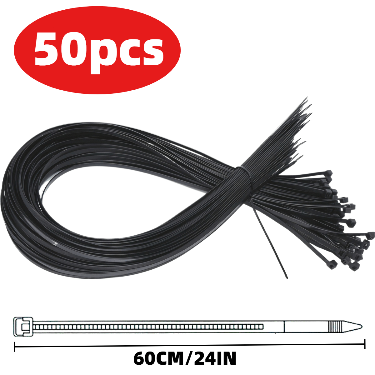 TEMU 50-pack Heavy-duty Nylon Cable Ties - Self-locking, Large Size 12/16/20/24/28in, New Material Large Size Plastic Straps For Secure Bundling, ,