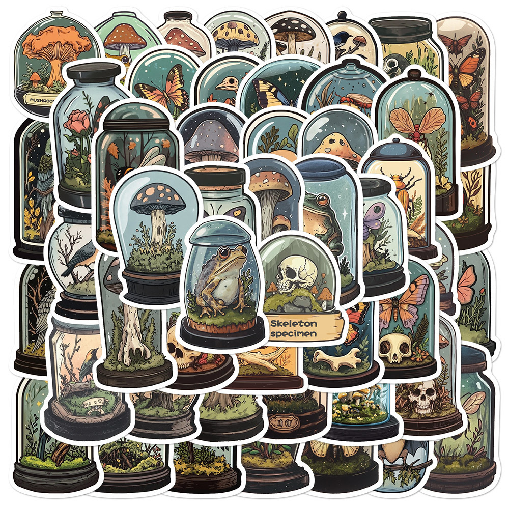50pcs Forest Specimen Bottle Label Stickers Vintage Cute Aesthetics Stickers Ins Doodle Cartoon Deacls For Roller Skating And Cycling