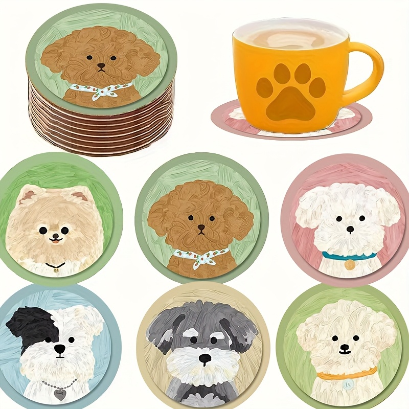 TEMU 6pcs Wooden Coaster Set, "cute Puppy" Themed Design, Drink Coasters For Tea And Coffee Cups, Perfect For Home And Café Use, Ideal Holiday Gift