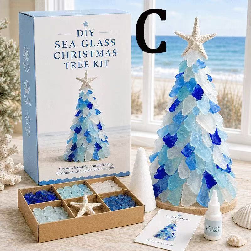 TEMU Diy Sea Glass Christmas Tree Kit With Pvc/glass Ornaments - Pre-decorated, Suitable For Holiday Table Centerpieces, Themed Decorations, Diy