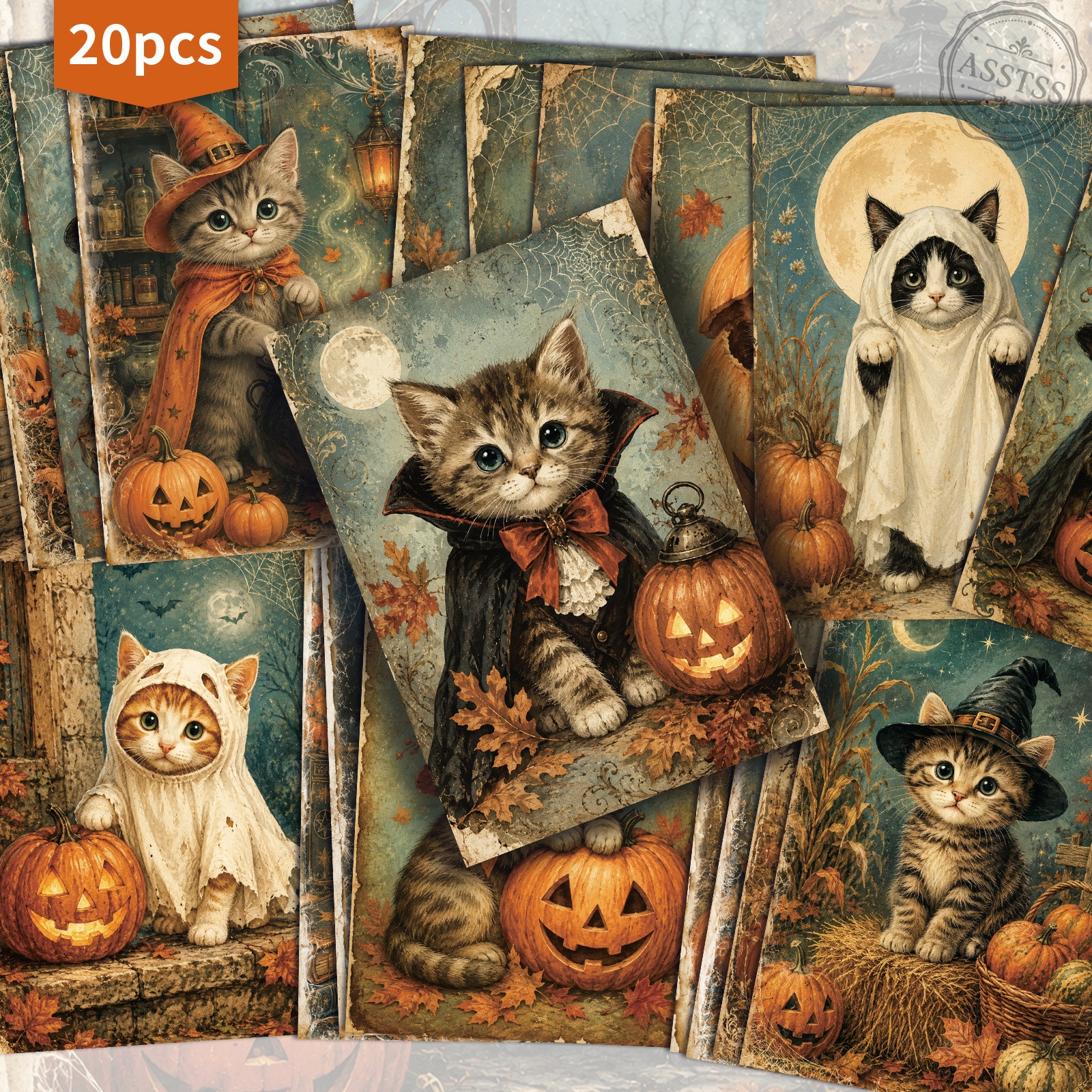 TEMU Lot de 20 cartes postales ASSTSS vintage d'Halloween avec de jolis chats - 4x6 pouces, fournitures rétro pour journal de récupération,