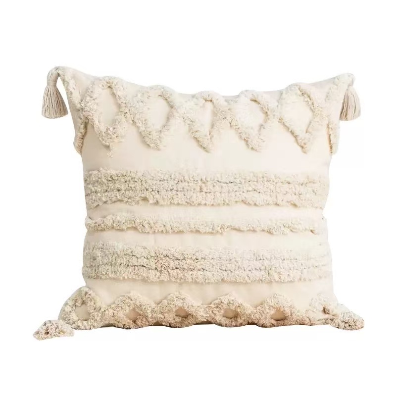 Bohemian Style Tufted Tassel Pillow Covers, Nordic Ins Style Cream-Colored Sofa Cushion Covers, Suitable for Guesthouses, Living Rooms, Bedrooms, And Window Seats, Featuring Wabi-Sabi Style Lumbar Pillow Covers