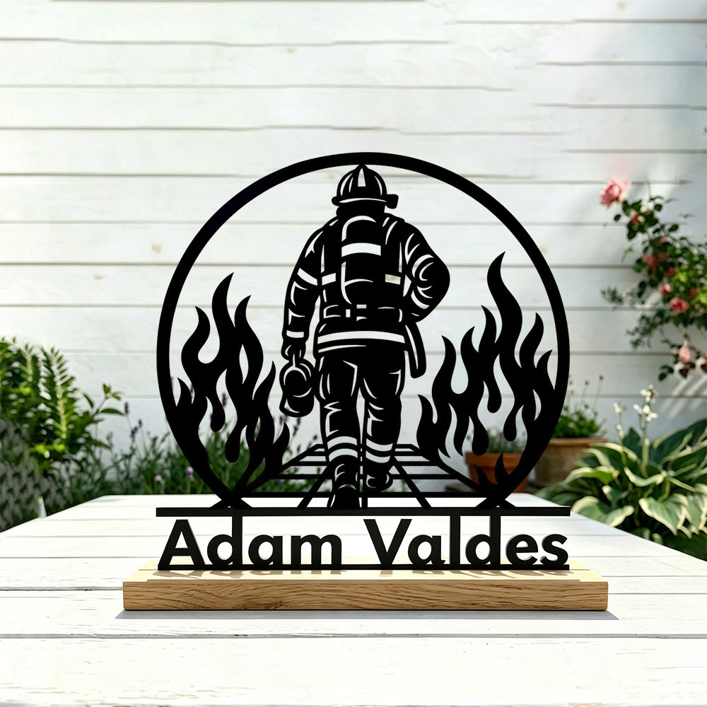TEMU [decorative Signs & Plaques] 1pc Personalized Firefighter Metal Ornament, Custom Name Desktop Decor With Wooden Base, Unique Fireman Gift For