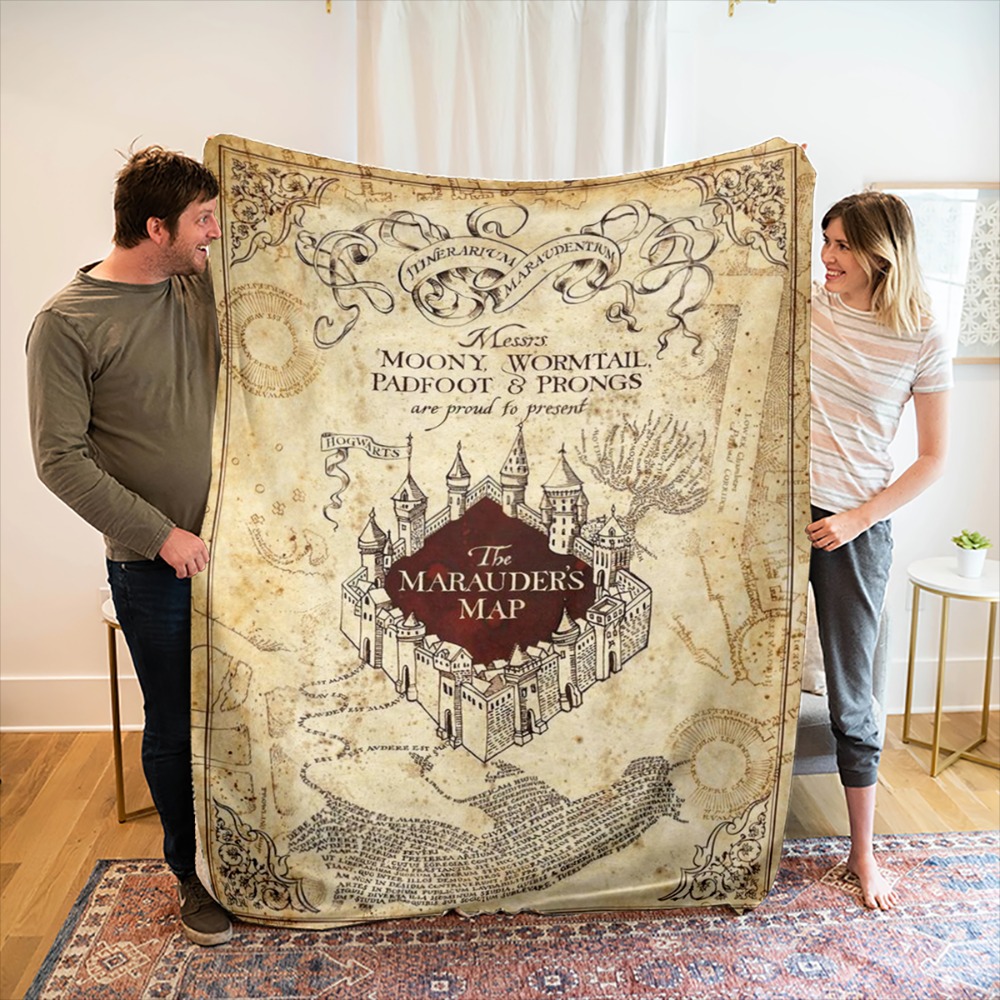 TEMU 1pc Flannel Blanket, Harry Potter Theme, Vintage Hogwarts School Castle Map Pattern With Harry Potter Elements Characters Printed, Soft And