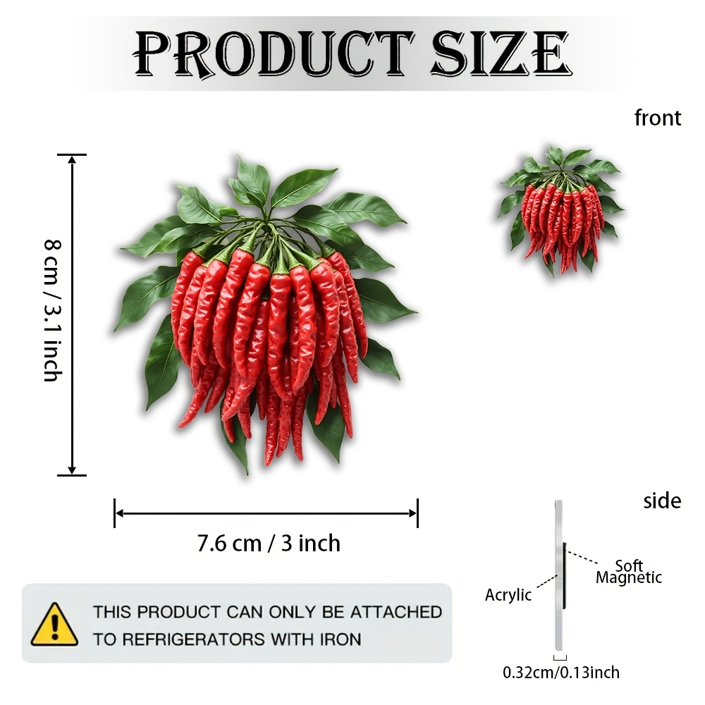 Realistic Magnet, 2d Flat Acrylic And Rubber Soft Magnet, With Green Leaves, Ultra-realistic Chili, Used For Kitchen Decoration, A Gift For Food Lovers, 2d Flat