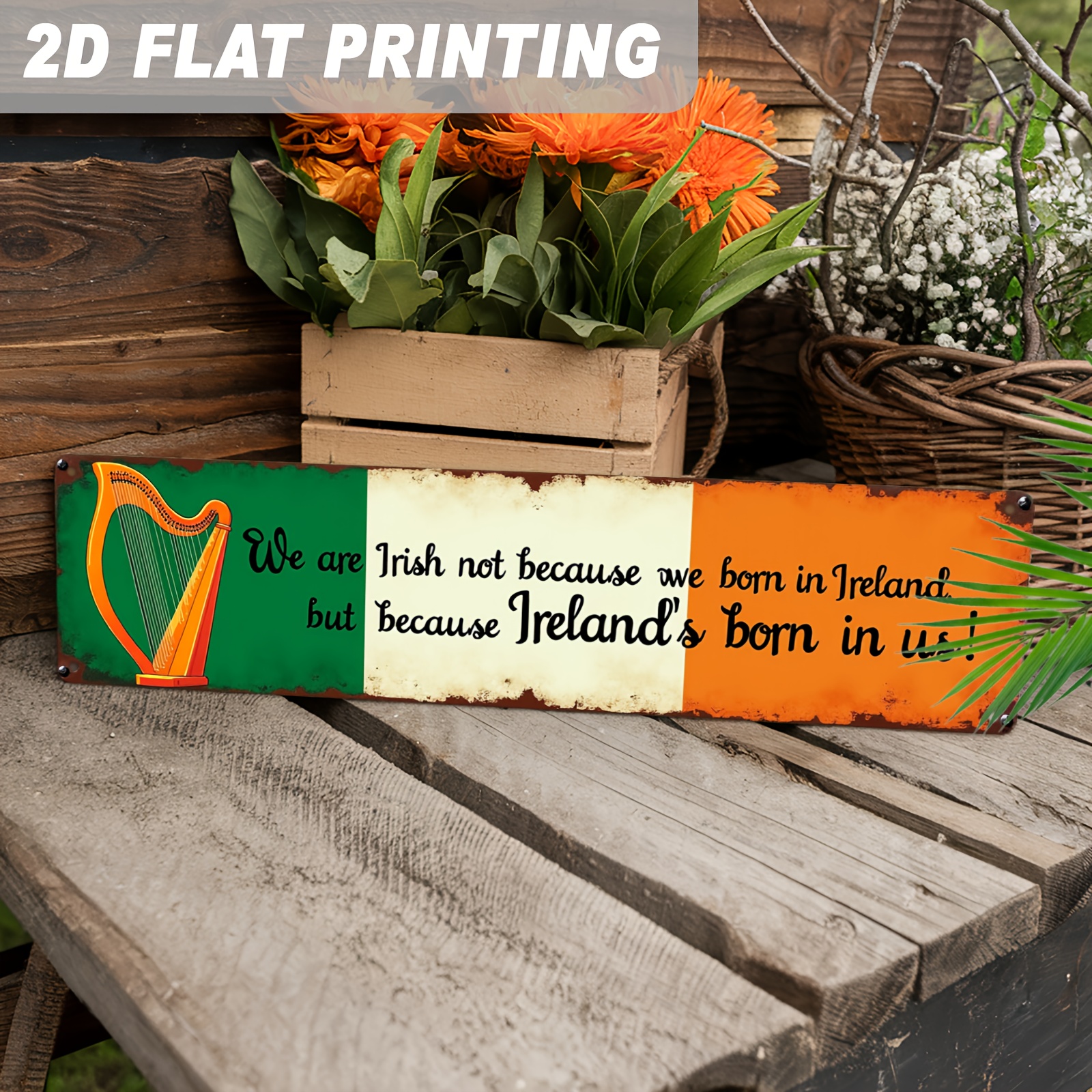 TEMU 2d Flat, 2d Flat Wooden Print, 1pc, Irish Pride Wall Decor - Vintage Irish Proverb " Irish Ireland Is Born In Our Hearts" - Featuring A Harp And