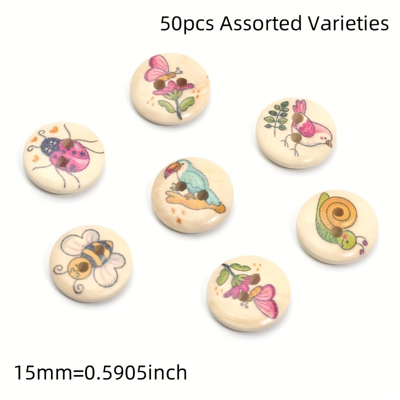 A Set Of 50 Wooden Buttons With Natural And Animal Patterns, 15mm Decorative Beads, Suitable For Manual And Sewing, With Random Colors