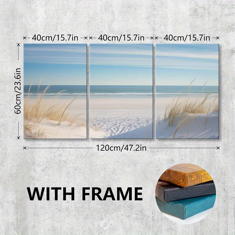 TEMU 2d Flat, 2d Flat, Set Of 3 Wooden-framed Canvas Prints Featuring Beach Landscapes, Coastal Art, , Sand , And Seaside Decor, Home Wall Decoration