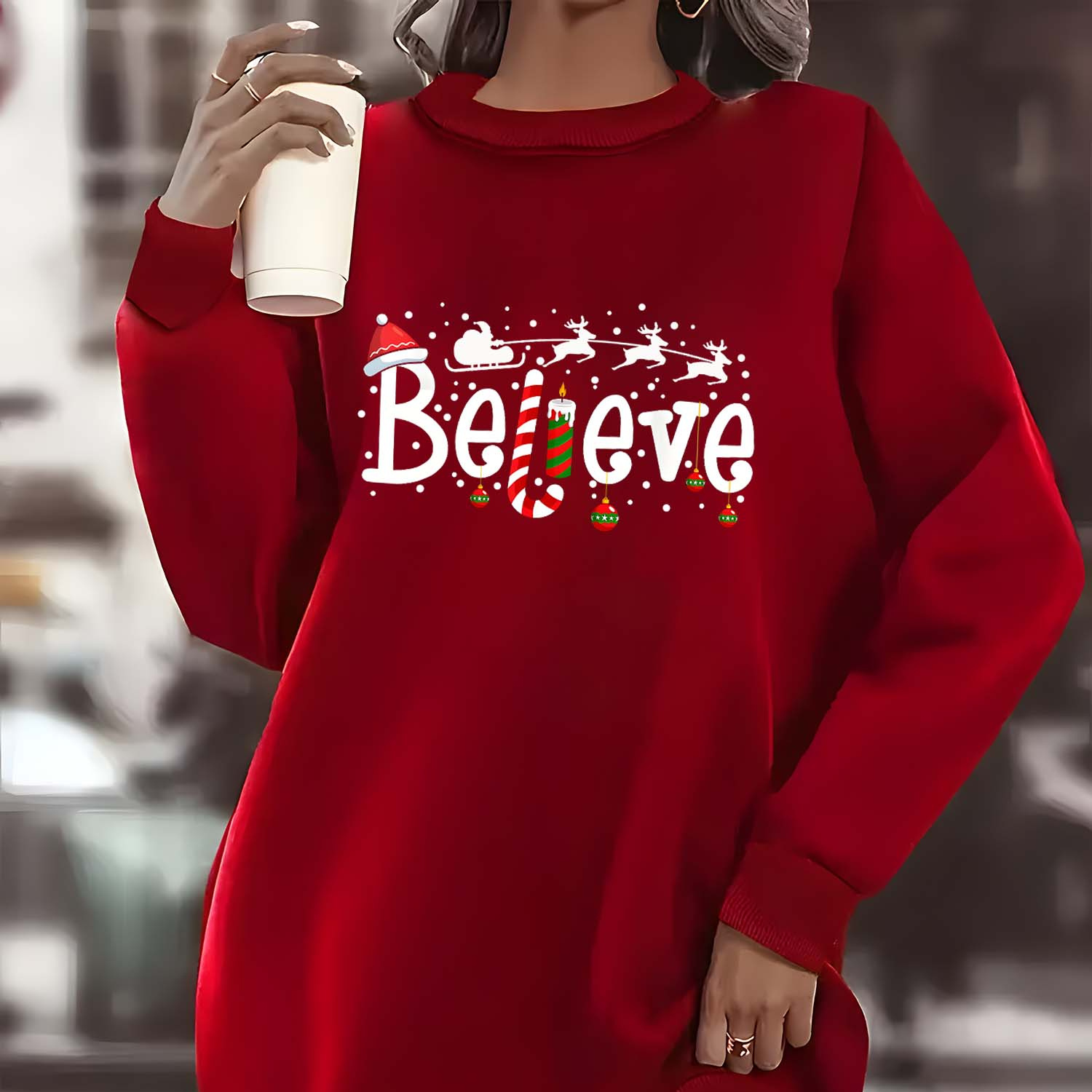 

Women's Plus Size Christmas Sweatshirt Dress - Reindeer & Letter Print, Long Sleeve Crew Neck, Casual Fall/winter Wear In Burgundy & Black, Best For Christmas