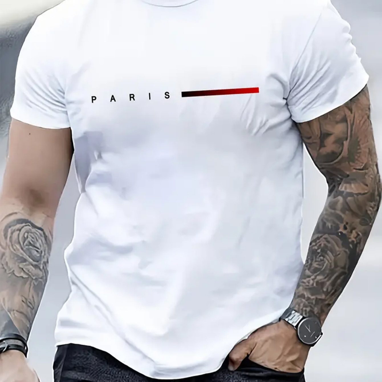 

Men's Casual Paris Graphic Tee - Soft Polyester, Round Neck T-shirt With Red Detail, Ideal For Gym & Running, Spring/summer Wear