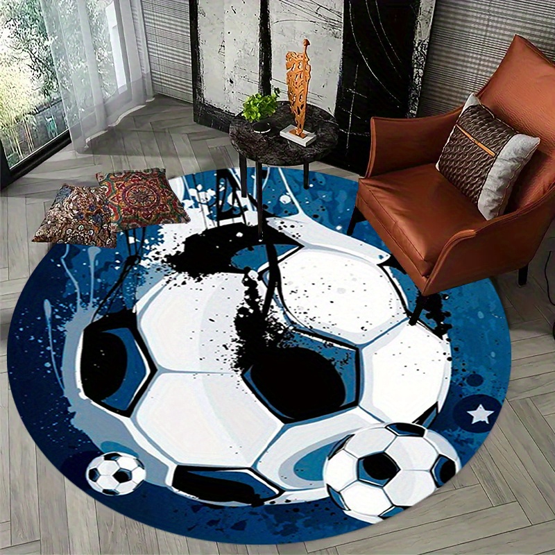 TEMU Football Round Mat - 100% Polyester Fiber, 10mm Thick, Non-slip Washable Mat, Suitable For Living Room, Bedroom, Office Decor, Machine Washable