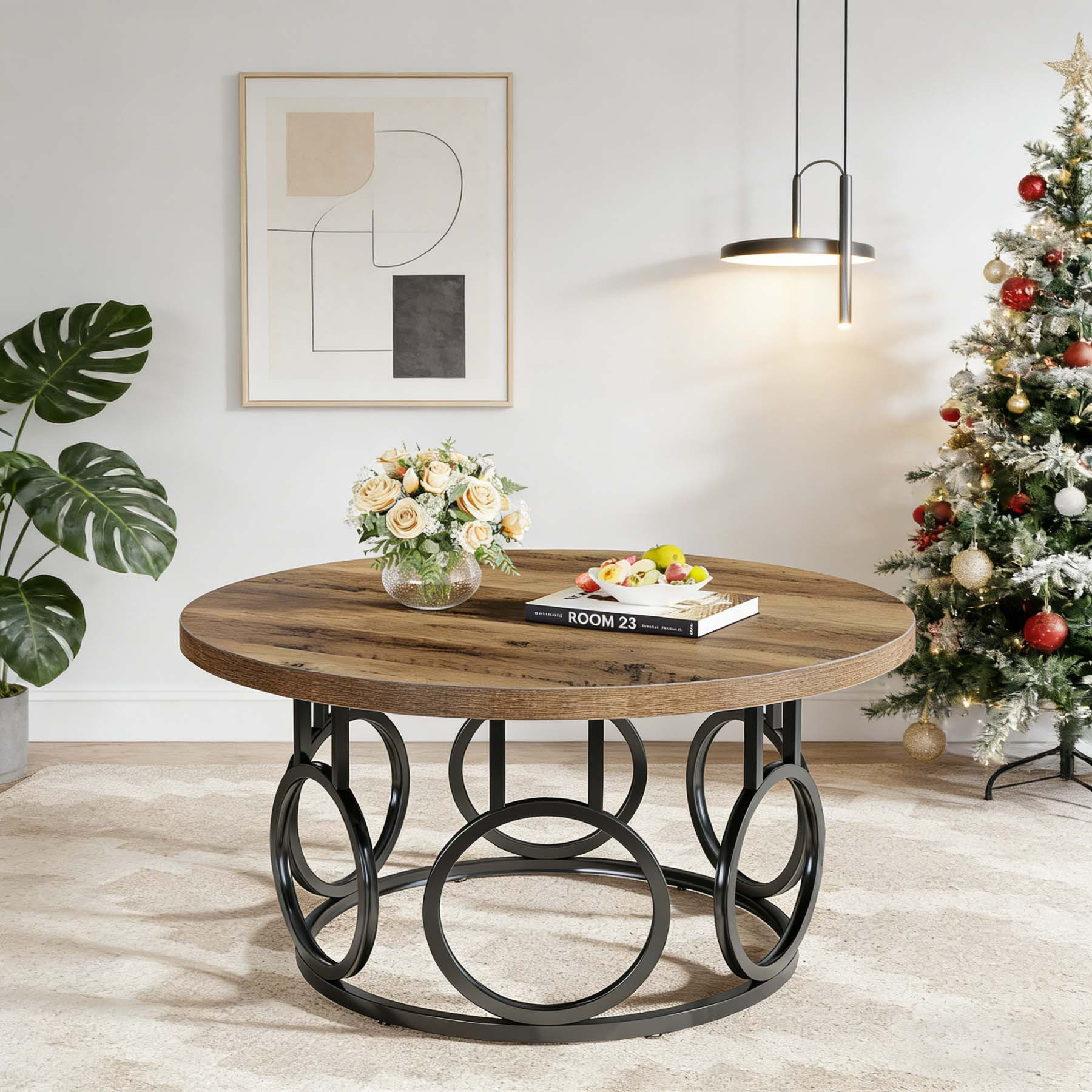 TEMU Table basse ronde rustique avec base en métal, table basse ronde de 31,5 pouces, meuble d'appoint moderne en bois, design industriel, pour salon