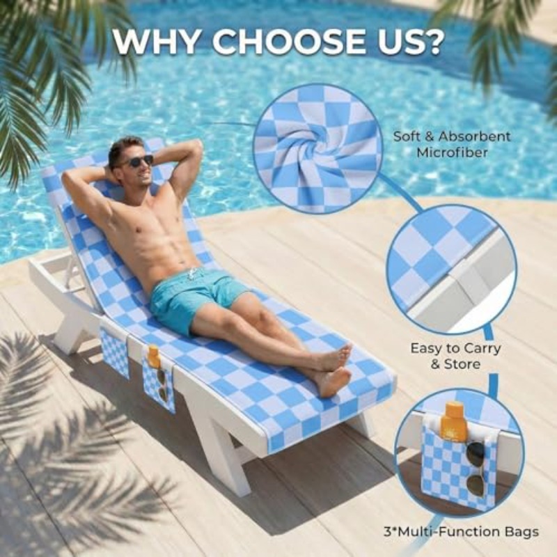 Lounge Chaise Chair Towel Covers Pack of 2, Beach Chair Cover with 3 Pockets for Pool Outdoor Beach Garden Patio Trips, 85 X30in (Blue Checkerboard)