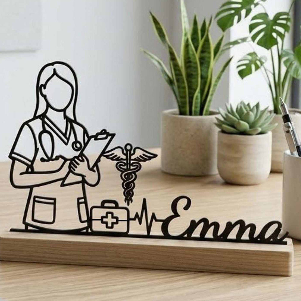 TEMU Figurines 1pc Infirmière personnalisée Ornement de bureau en métal Décor de bureau de personnalisé avec base en bois Cadeau de symbole médical