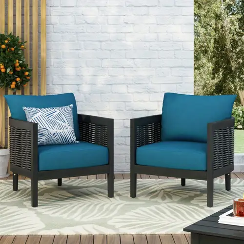 set of 2 outdoor acacia wood wicker club chair with cushions patio furniture conversation seat for backyard black dark teal cushion 27 50 w x 29 50 d x 24 75 h