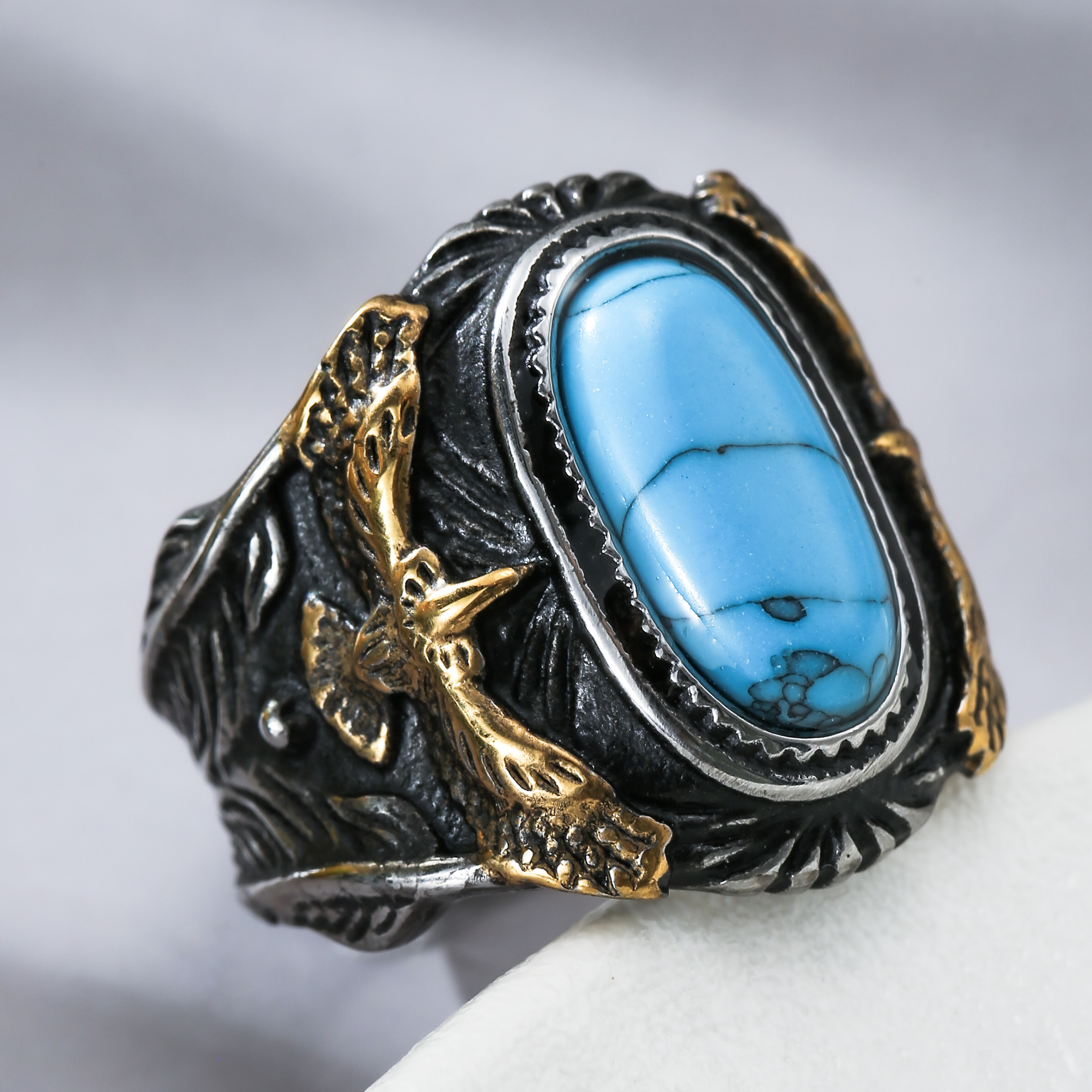 Image of Men's Vintage Rings Featuring A Silvery Golden Eagle Inlaid With Turquoise, From 316l 316l Stainless Steel, Perfect As A Fashionable Accessory Or Gift, Without Battery