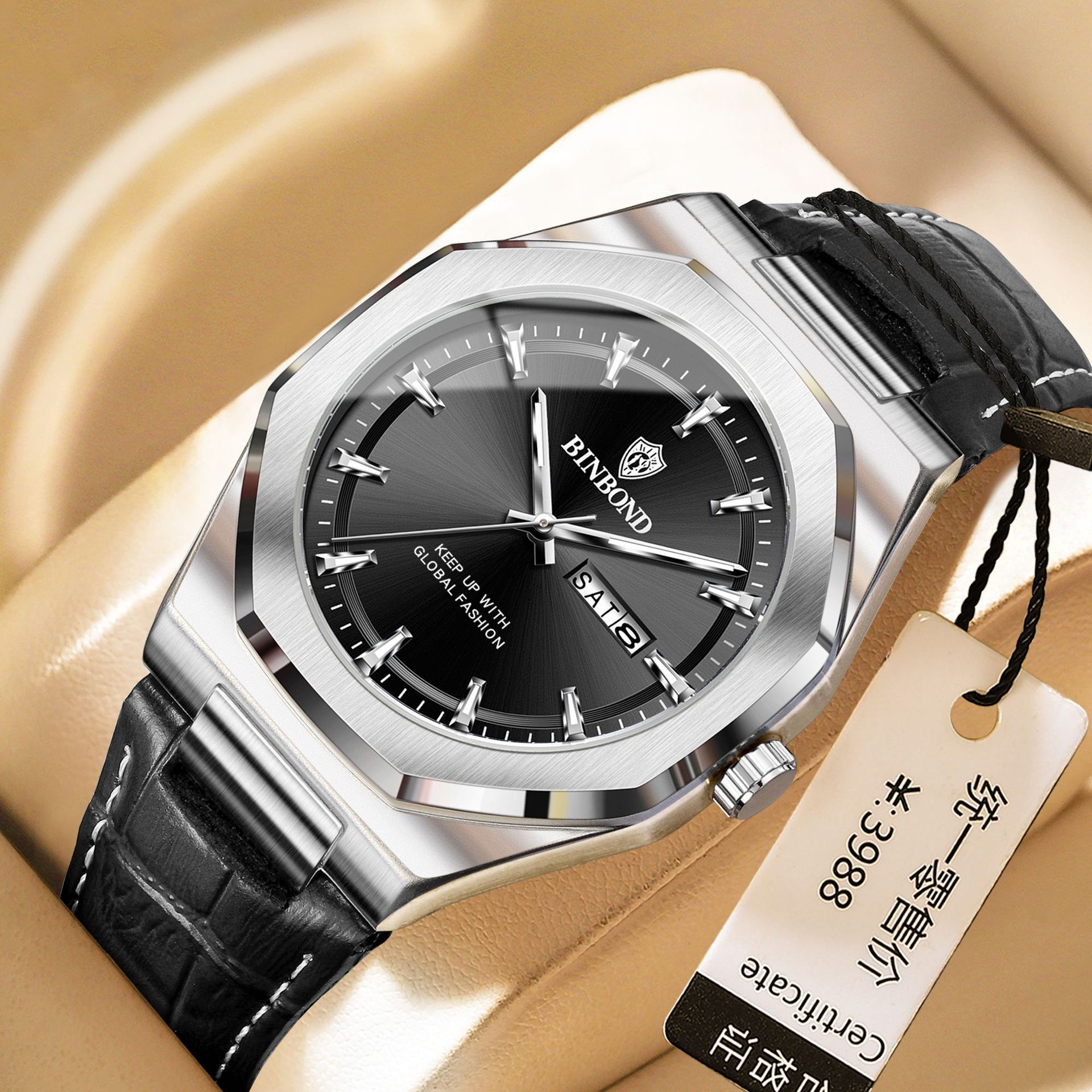 TEMU Binbond Men's Mechanical Watch- Business Formal& Casual Watch With Automatic Movement, Luminous Hands, Blue-tone Dial, Stainless Steel& Black