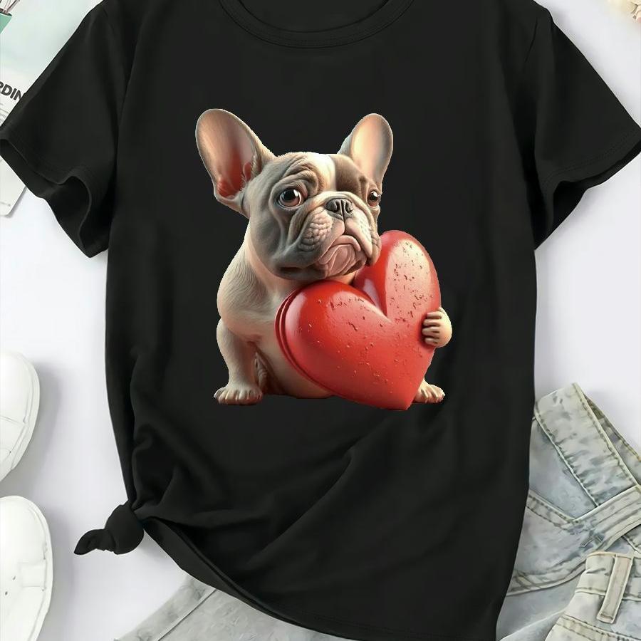 

T-shirt décontracté à col rond pour femmes de grande taille avec imprimé de bulldog et de cœur, manches courtes, mélange de polyester tricoté, légèrement extensible, haut de mode printemps/été/automne