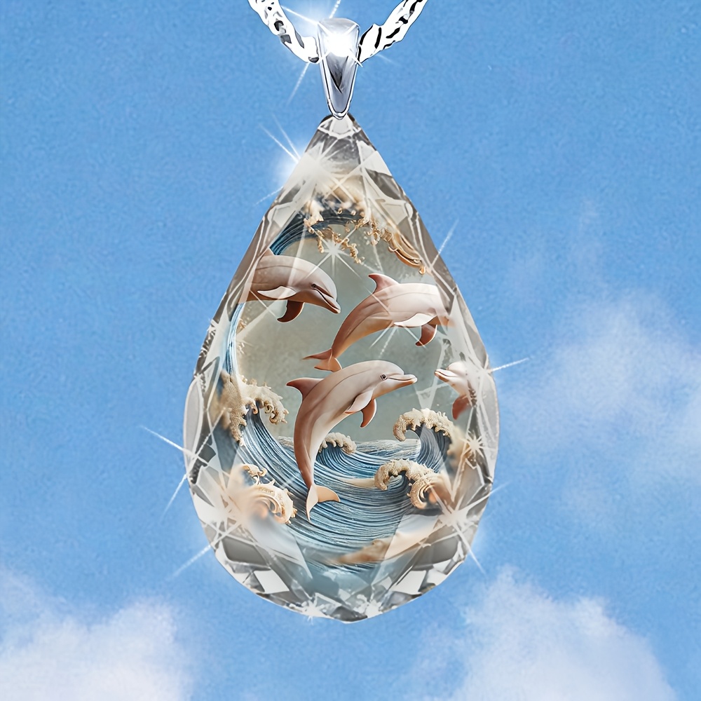 TEMU Women's Teardrop-cut Glass Dolphin Wave Relief Art Pendant Necklace, Elegant And Luxurious Jewelry For Daily Wear And Special Occasions