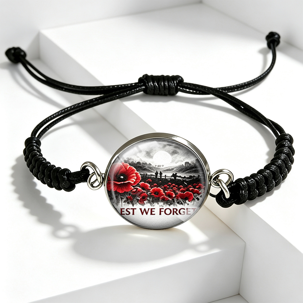 TEMU 1 Black And White Night Scenery Poppy Sea Print Round Glass Black Woven Bracelet, Unisex Adjustable Bracelet