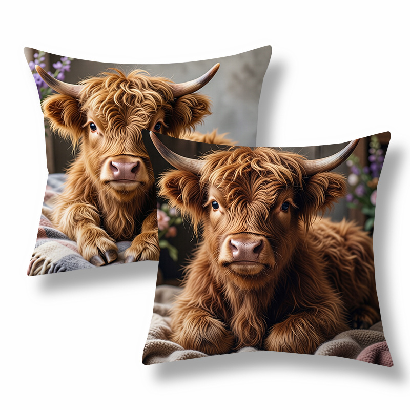 TEMU 2pcs Realistic Throw Pillow Covers, Decorative Cushion Cases, Highland Cow With Adorable , Brown Tone. Versatile For Living Room, Couch, Sofa,