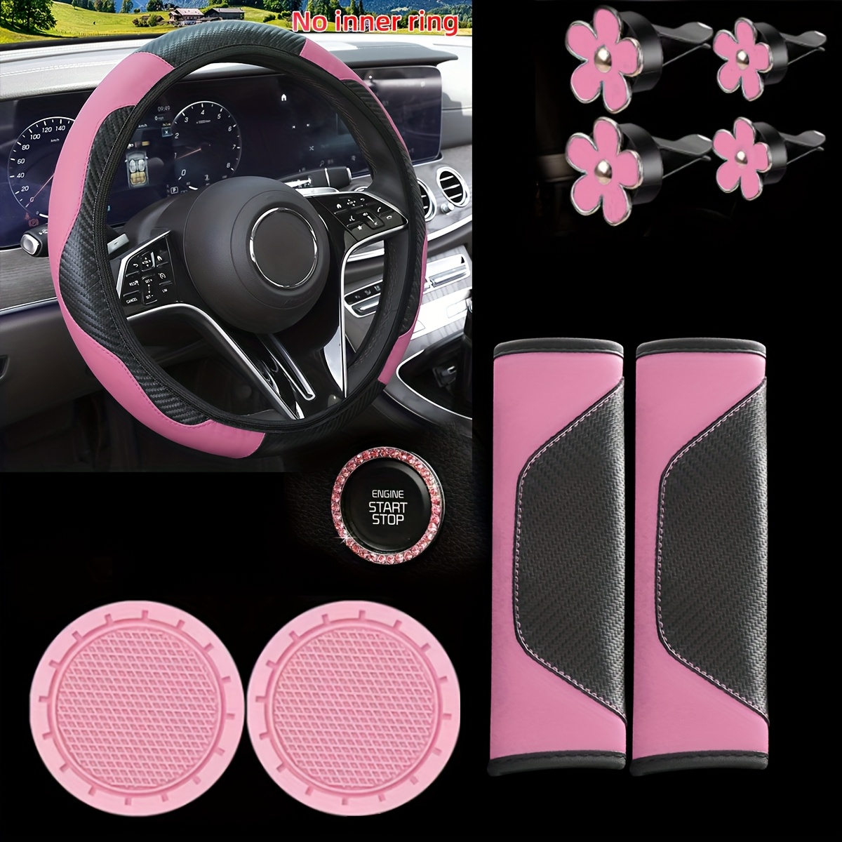 TEMU 10pcs Car Interior Accessories Complete Set - Steering Wheel Cover, Seat Belt Pads, Daisy Air Vent Clips, Cup Holders & Dashboard Decor -