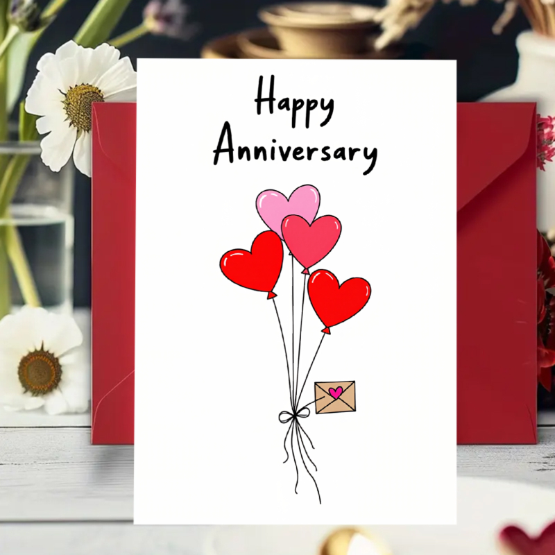 TEMU 1 Anniversary Greeting Card With Heart Balloon And Envelope Embossing, "happy Anniversary" Text, Wedding Anniversary Celebration Gift