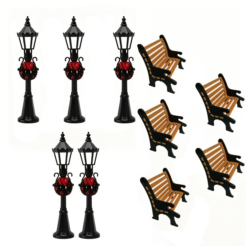 TEMU Mini Christmas And Park Benches Mini Set For Holiday Use, Decorated With Black Floral Lights And Mini Wooden Benches, Winter Miniature Landscape