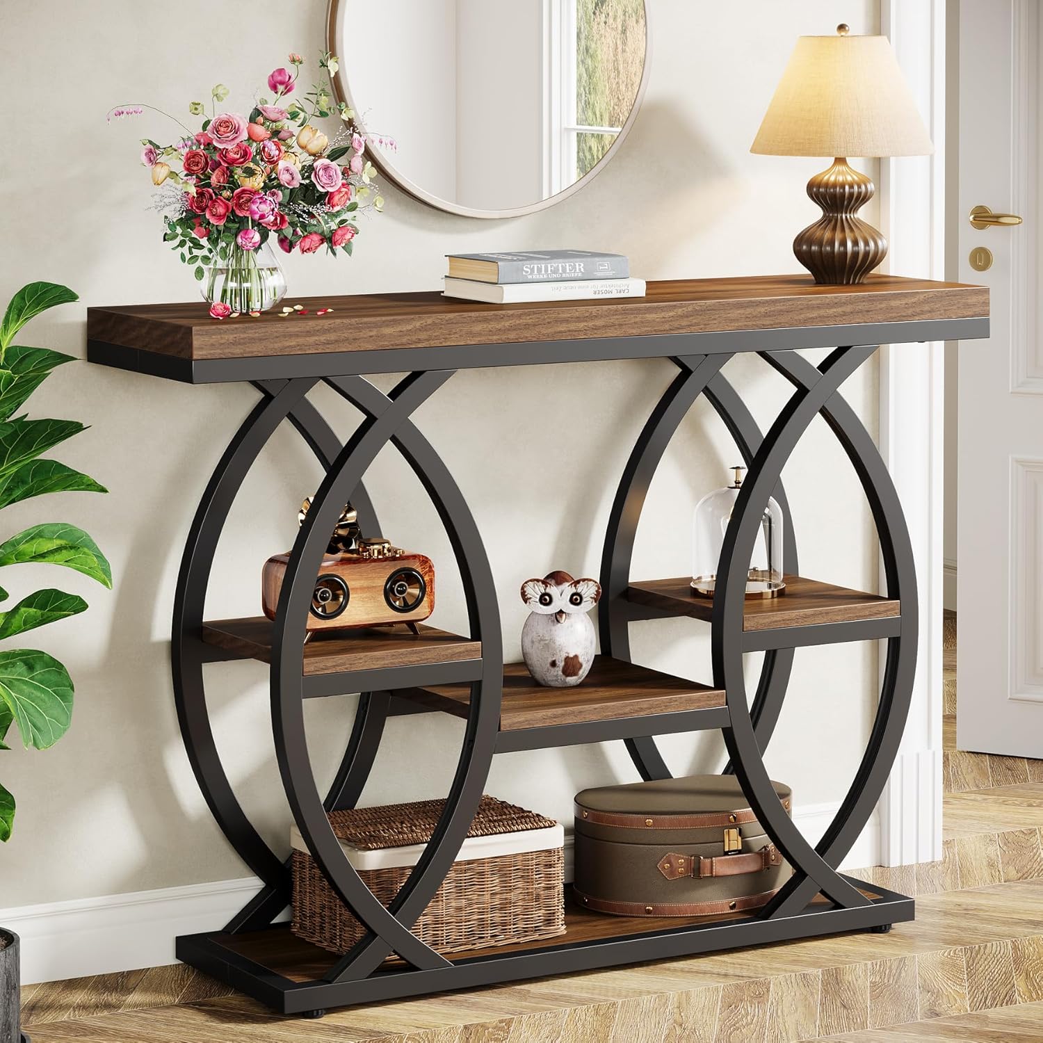 Image of Console Table, 100 X 30 Cm, Industrial 4-tier Sofa Table, Entrance Table With Shelves, Narrow Wooden Accent Tables With Metal Frame For Small Spaces, Hallway, Foyer, Rustic Brown