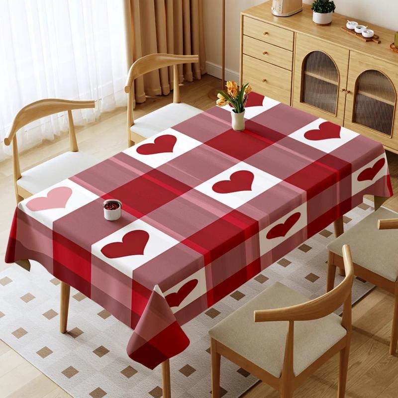 TEMU 1pc Single-sided Printed Square Tablecloth With Red And White Checkered Heart Pattern, , Machine Washable, Suitable For Daily Use, Celebrations,