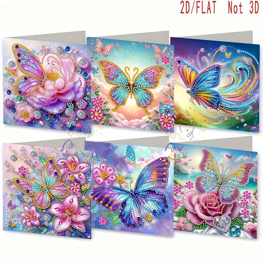 TEMU 6pcs Set Of New Diamond Painting Greeting Cards - Artistic Colorful Floral And Designs, Hand-embellished With Diamonds, Perfect For Sending To ,