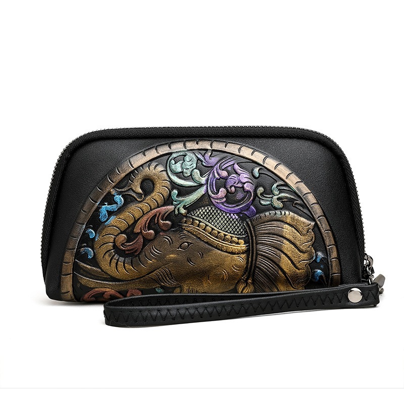 Oriental Embossed Peacock Elephant Long Wristlet Wallet, Multi Layer Zipper Phone Storage Clutch