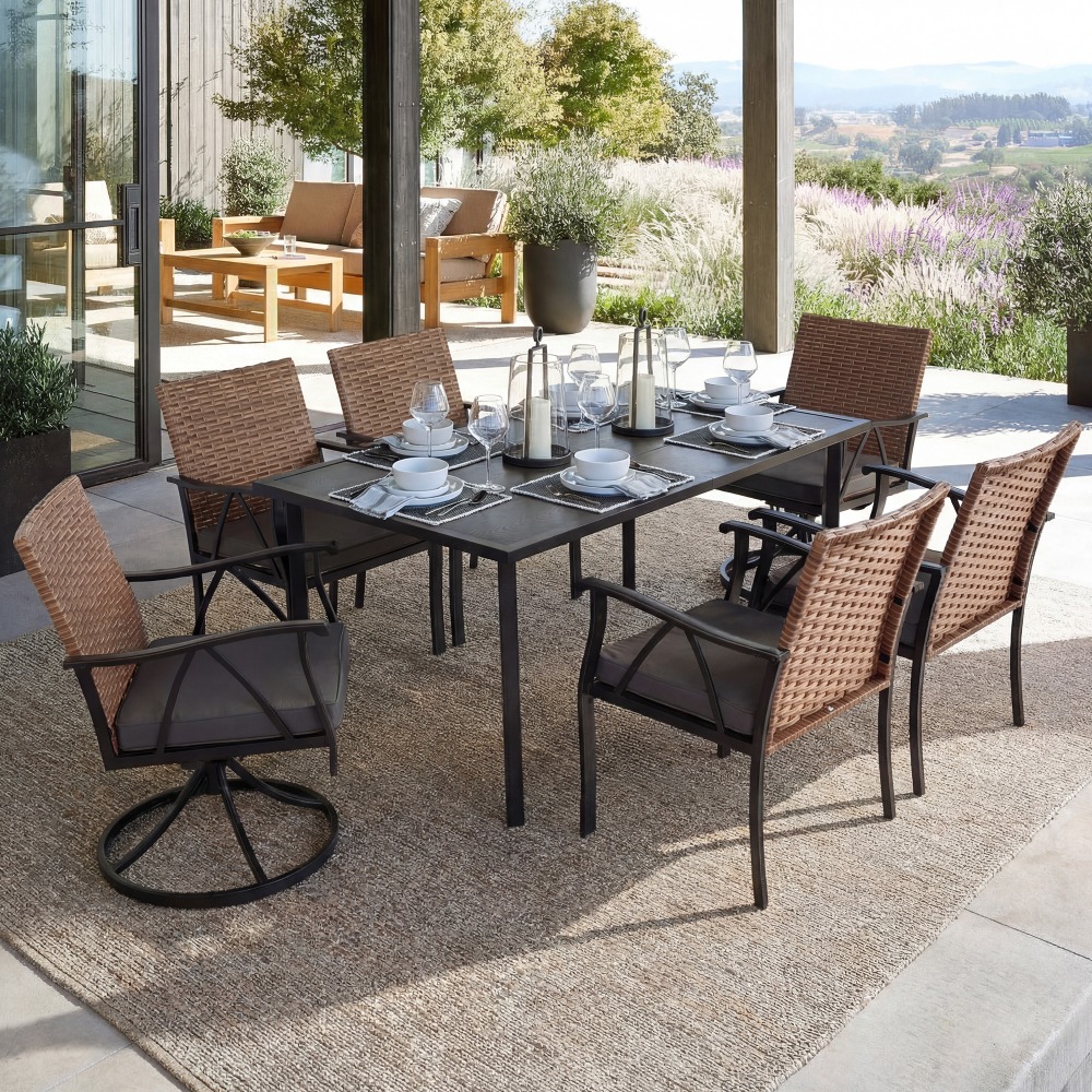 Andehomy 7pcs Patio Dining Set with 6 Chairs And 1 Table, Outdoor Dining Set with 2 Wicker Swivel Patio Dining Chairs with Cushions & Black, Rectangular Woodgrain Metal Dining Table with 1.75
