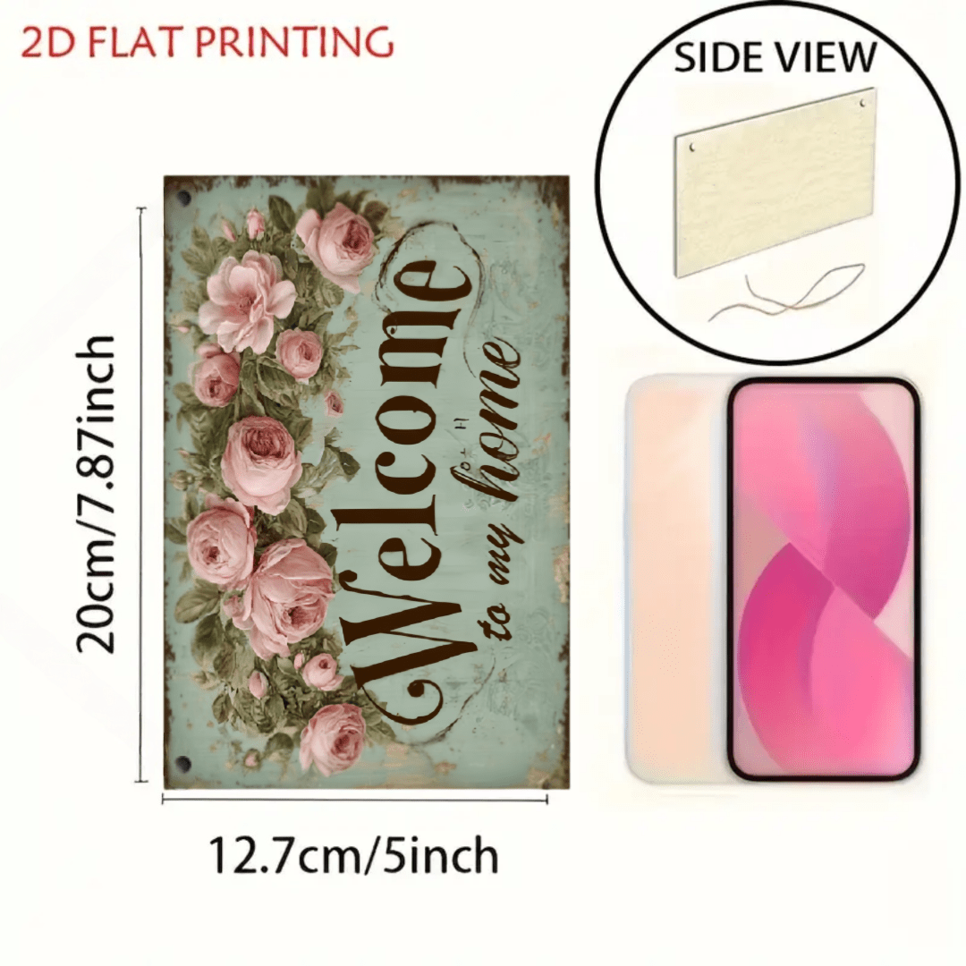 TEMU 2d Flat, "welcome To " Wall Sign - 5x8 Inch Distressed Artificial Plaque With Pink Roses & Green Foliage Suitable For Home, Café, Restaurant,