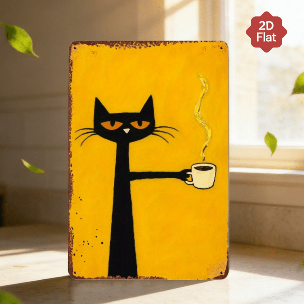 TEMU 2d Flat - Cat And Coffee Wooden Wall Decor - Distressed Wooden Black Cat Holding Coffee Cup, Indoor/outdoor Universal Decoration, Suitable For