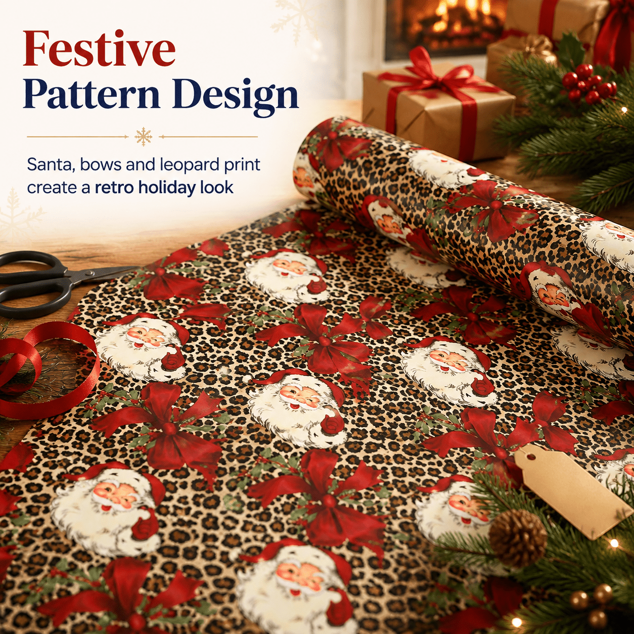 TEMU Large Retro Santa Wrapping Paper, Leopard Print Base Color With Bow And Dot Pattern, Durable Pp Material, Elegant Design, Used For Christmas