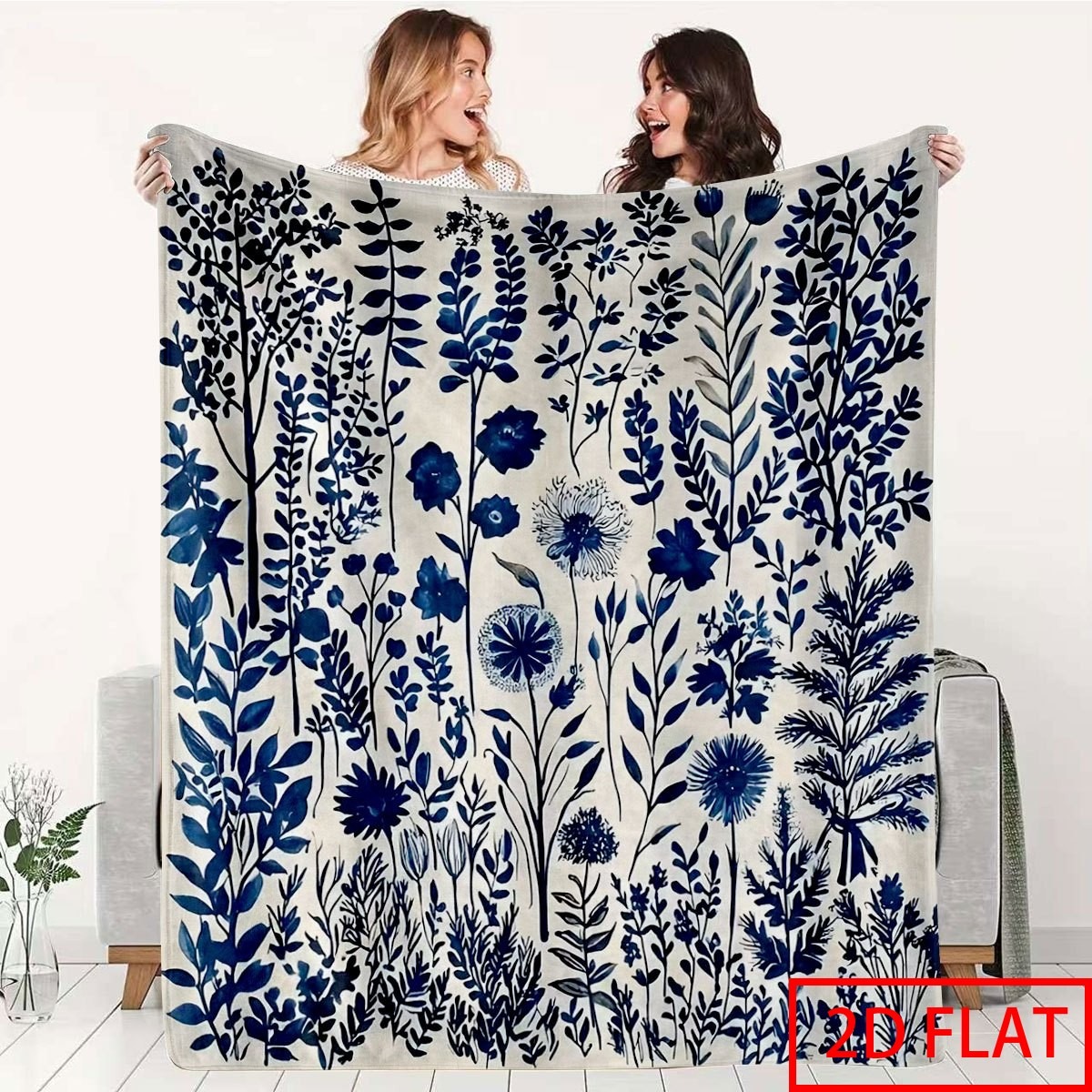 TEMU 2d Flat Printed 1pc Blue And White Ink Style Plant Print Blanket Nordic Style Home Decor Blanket Office Nap Blanket Sofa Throw Blanket Soft