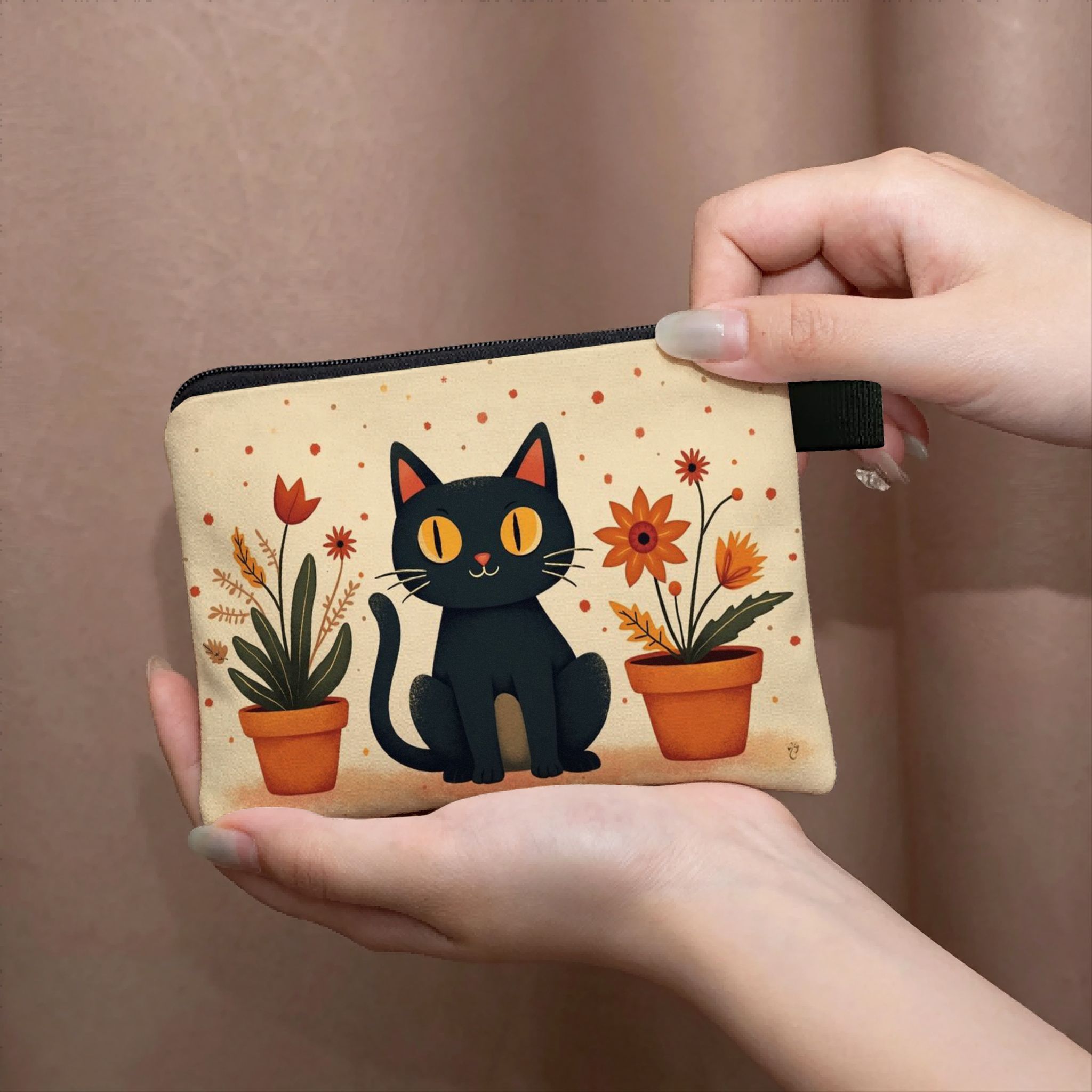 TEMU con estampado de gato negro lindo y flor en - Pequeño bolsillo con cremallera para monedas, llaves, tarjetas, bolsa de maquillaje portátil,