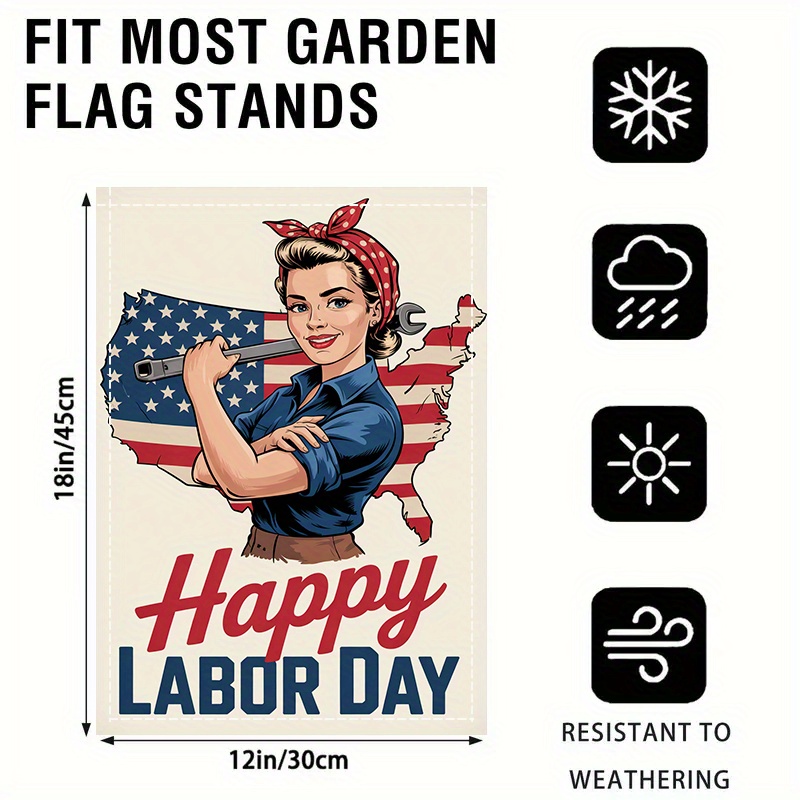 TEMU 2d Flat, 2d Flat 1pc, Labor Day Celebration With Iconic Woman And Usa Flag, Double-sided, Washable, Multi-functional Festive Yard Decoration