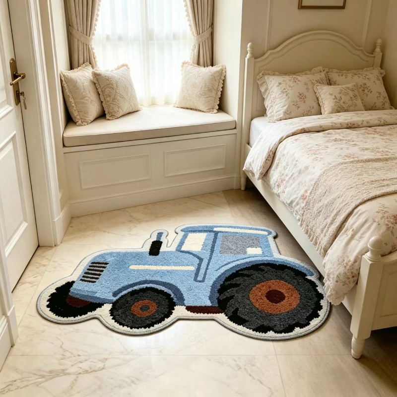 TEMU Faux Cashmere 900g 9mm 2d Hd Printed Rug Powder Blue Fun Tractor Living Room Sofa Carpet Retro American Bedroom Decor Bedside Mat Irregular