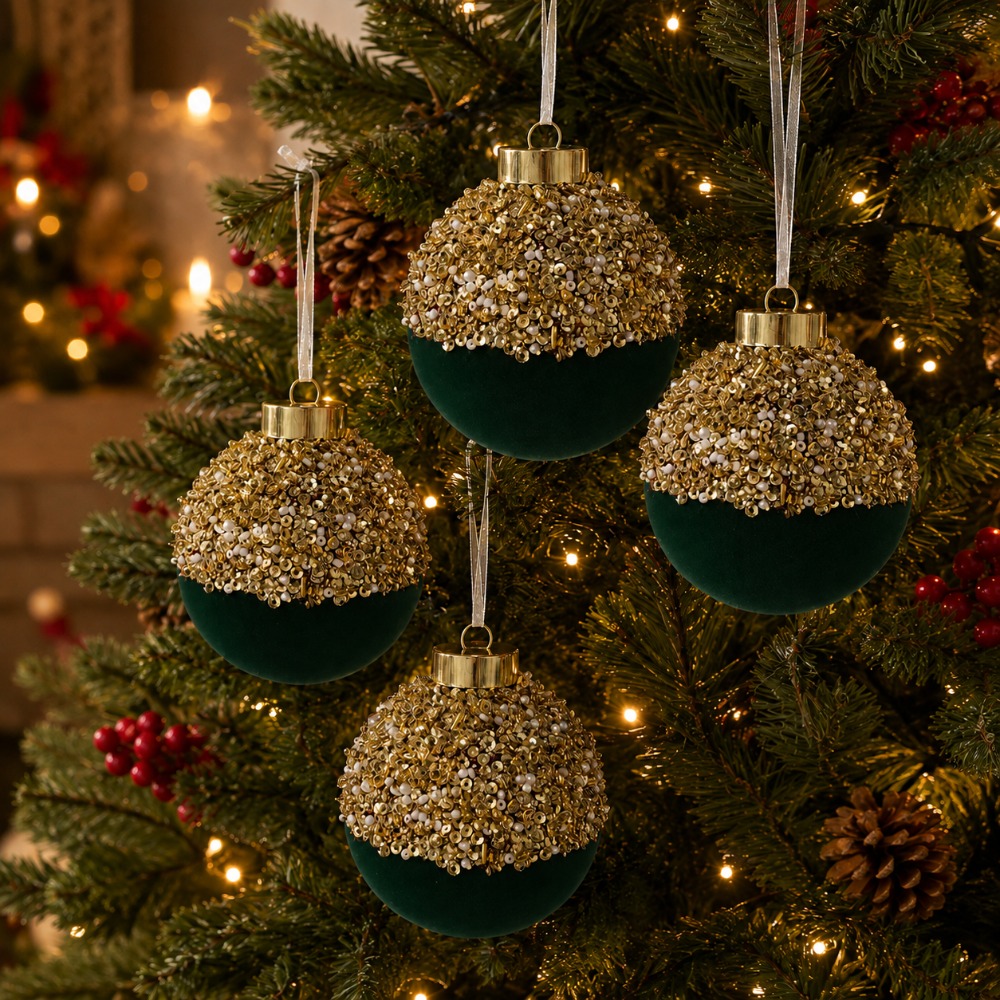TEMU Set da 4 palline natalizie da 8 cm in velluto scagliato con perline di paillettes dorate - Borgogna e verde scuro, adatte per albero di Natale,