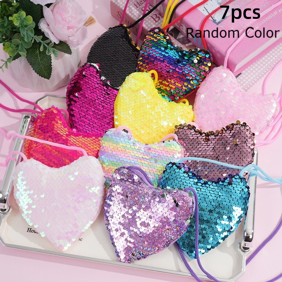 TEMU Lot de 7 sacs bandoulière de cœur à paillettes avec longue lanière - Multicolore, convient pour l'usage et les voyages des femmes, portefeuille