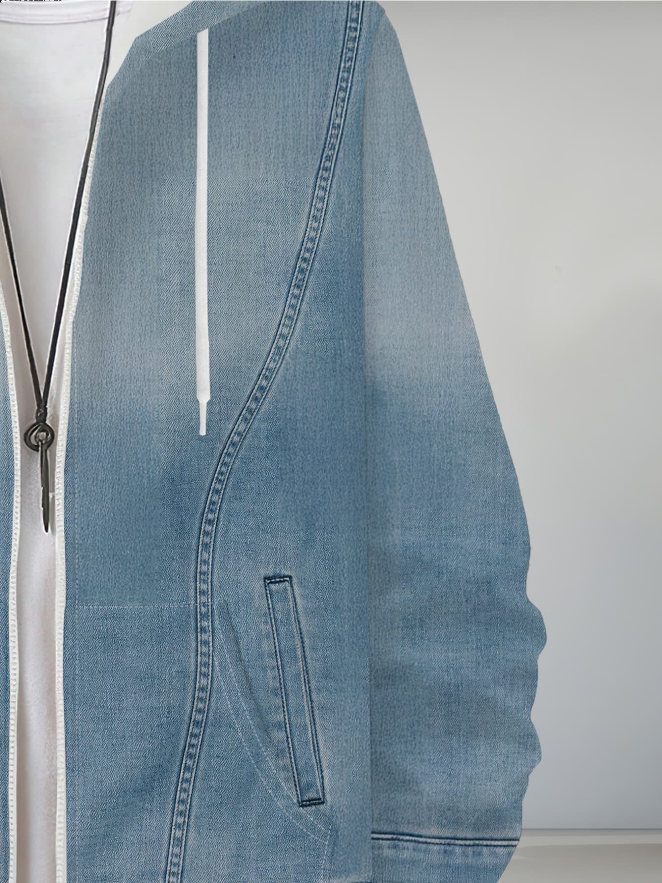 Men's Fashion Imitation Denim Zip-Up Hoodie Casual Versatile Trendy Street Style Cardigan Jacket