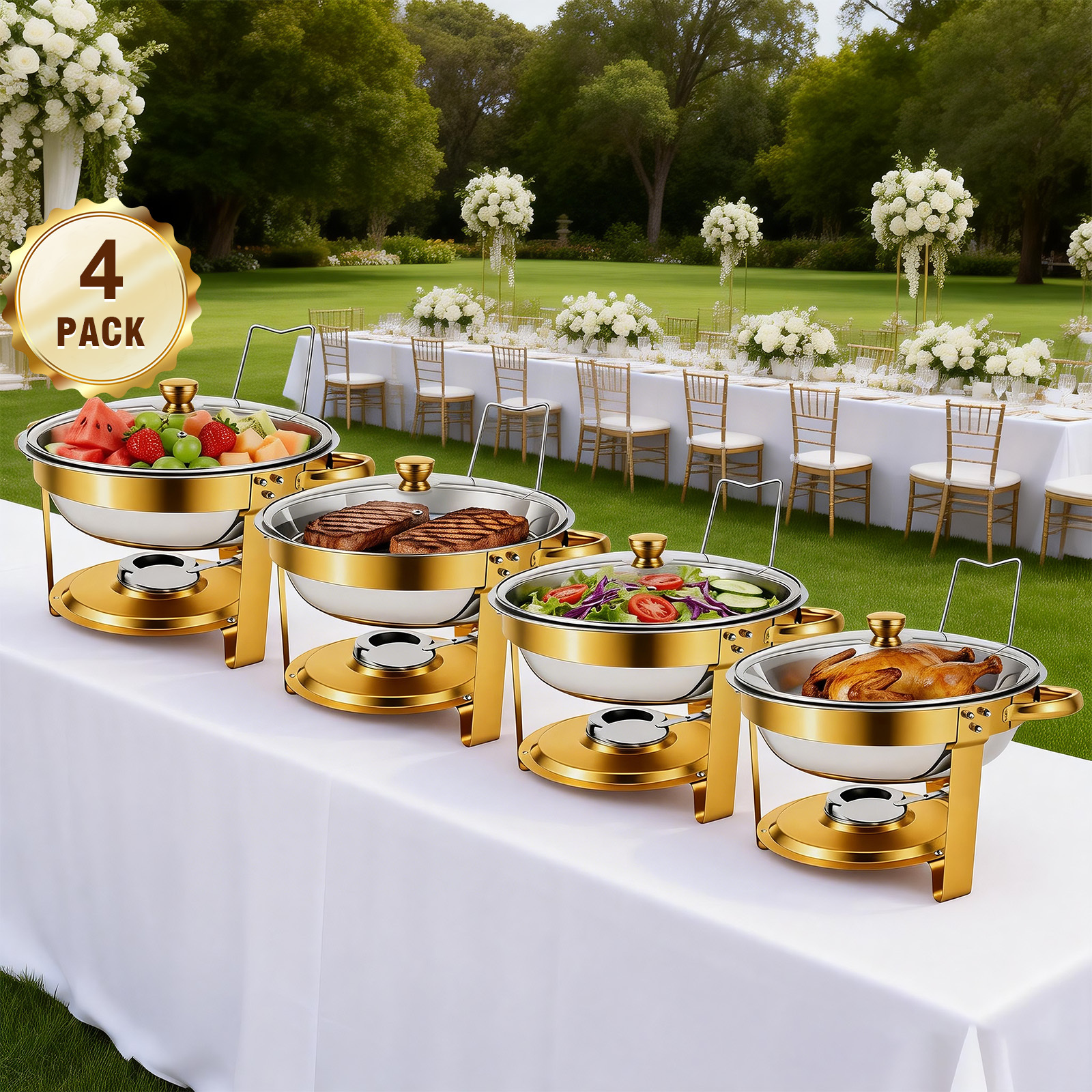 TEMU Golden Chafing Dishes For Buffet With Stainless Lid (6l, 1/2/4 Pack) - Food-grade Stainless Steel Chafers And Buffet Warmers Sets With Lid