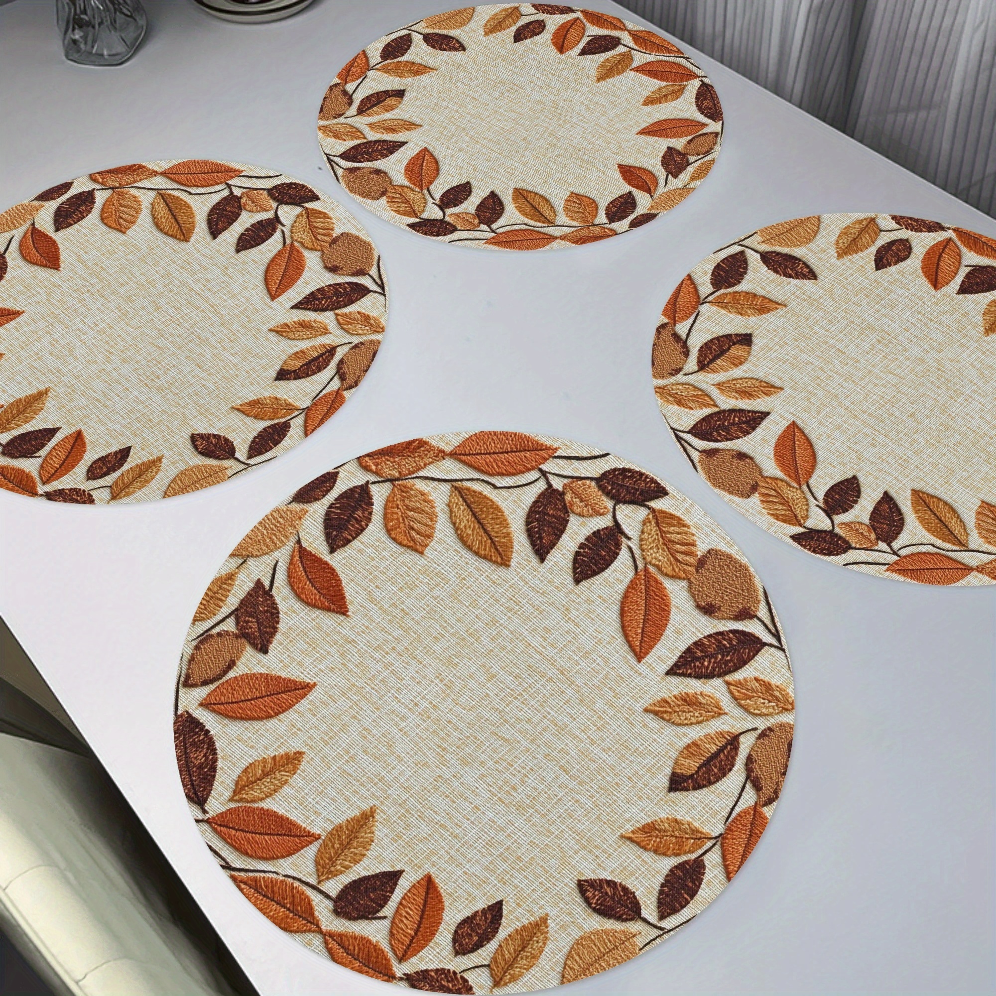 TEMU 4pcs Set Embroidered Maple Leaf Placemats - Round Table Mats, Suitable For , Thanksgiving, Wedding, And Party Decor - Non-slip, Hand Wash Only,