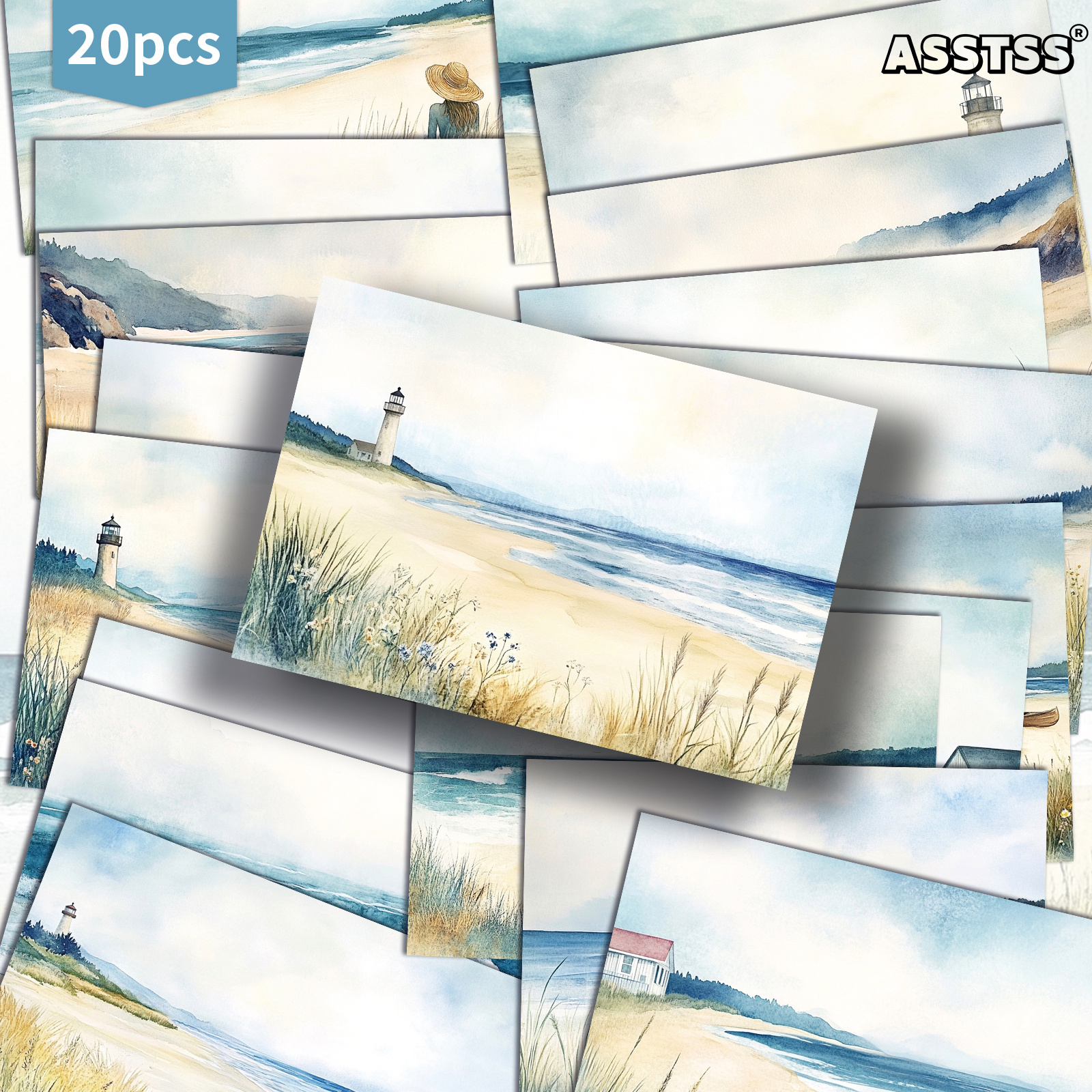 TEMU 20pcs Asstss (package Of 20) Vintage Beach Watercolor Postcards Suitable For Scrapbooking & Crafting - Retro Pinup Suitable For Junk Journals,