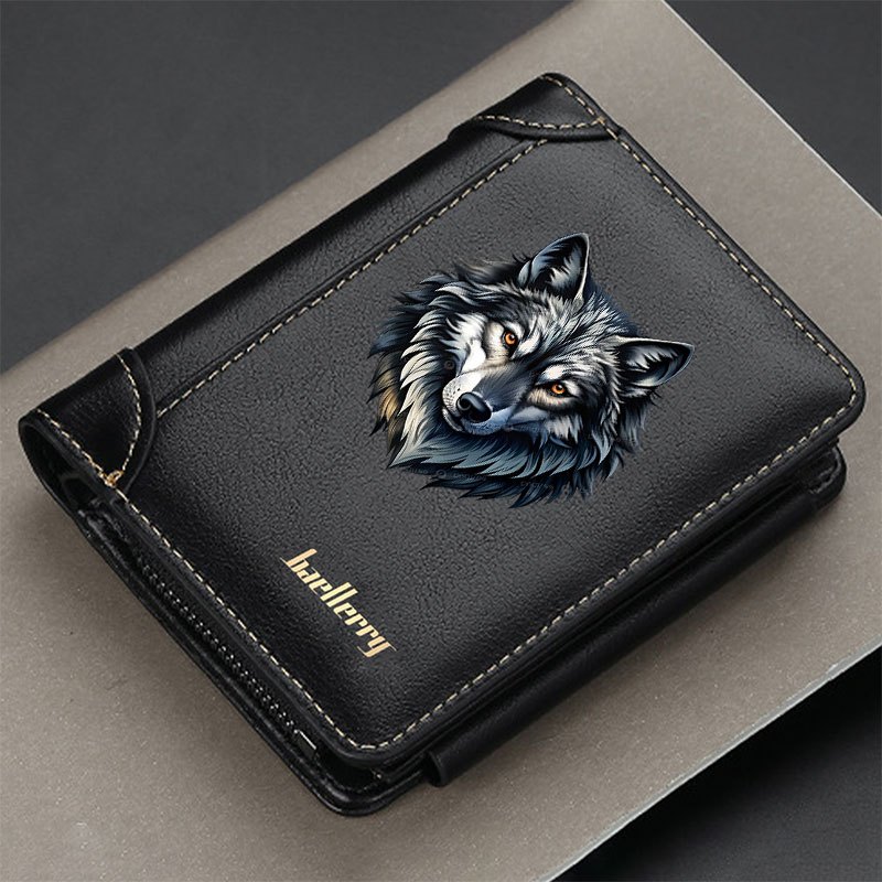Image of Men's Bifold Wallet Featuring A Wolf Design, Made Of Faux Leather, Includes A Short Coin Compartment, Card Slots, A Zipper Pocket, And An Id Window, Perfect For Casual Daily Use With A Money Clip