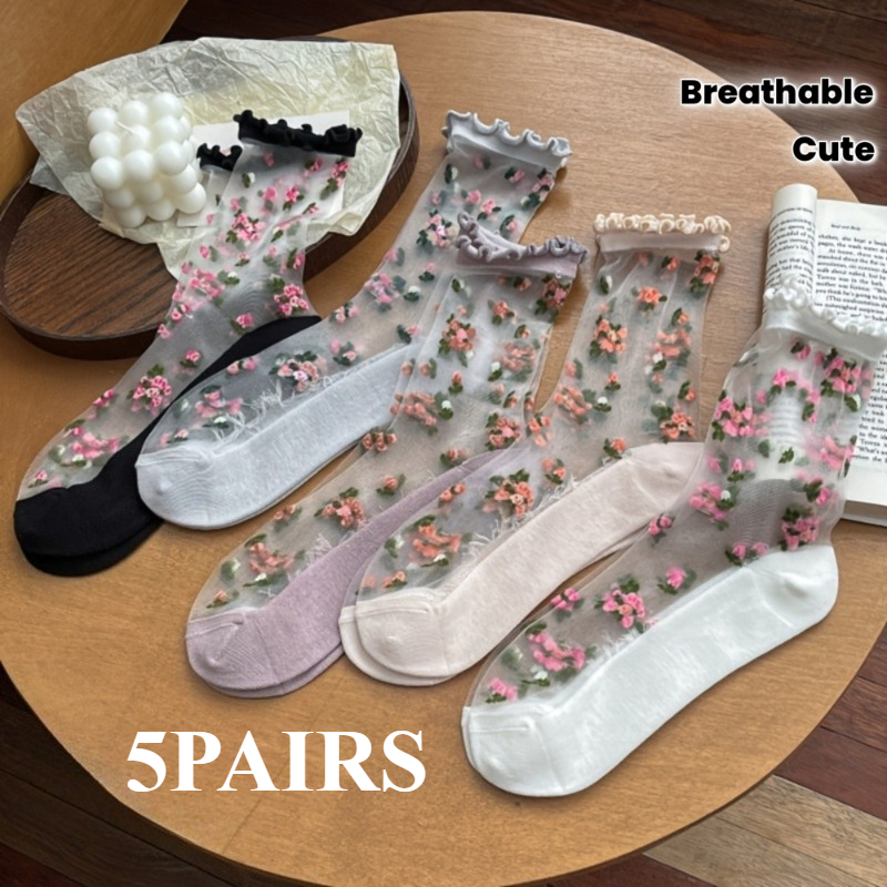 TEMU 5 Pairs Women Floral Print Mid-calf Socks, Spring Summer Thin Ruffle Trim Socks, Cute Breathable Casual Socks For Daily Matching