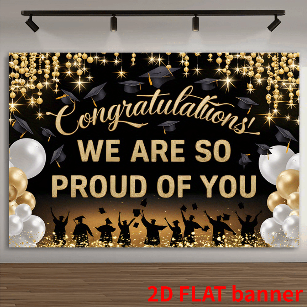 TEMU 2d Flat, 2d Flat, 2d Flat Hat And Graduation Party Banner, Congratulations! So Proud Of , And , Multifunctional Wall Decoration, Suitable For