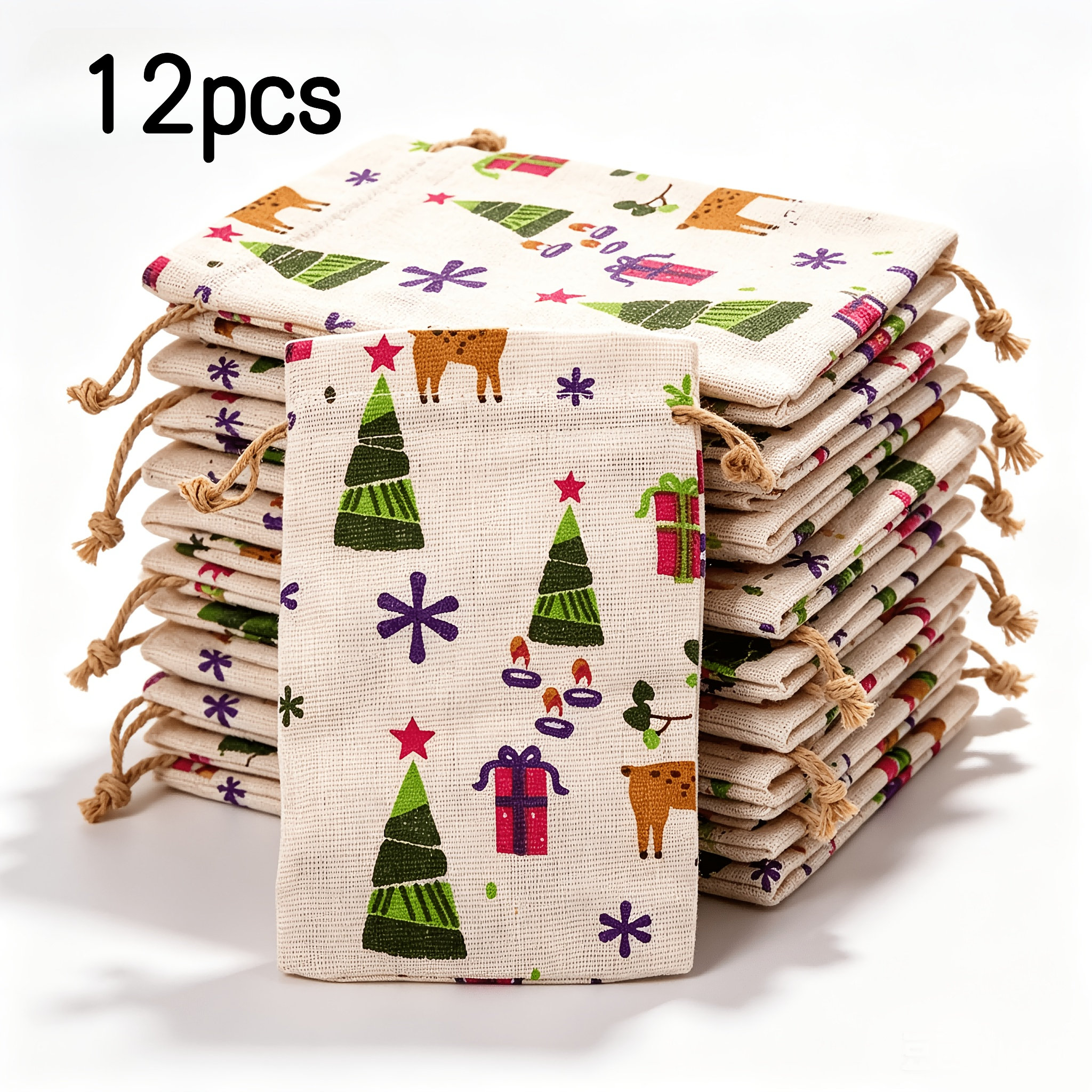 TEMU 12 Pack Vintage Christmas Drawstring Pouches, Tree Elk Gift Pattern Reusable Small Storage Bags, Xmas Party Sacks For Candy, Jewelry, Cosmetic,